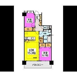 ウェスタ久留米けやき通り壱番館 2LDKの間取図画像
