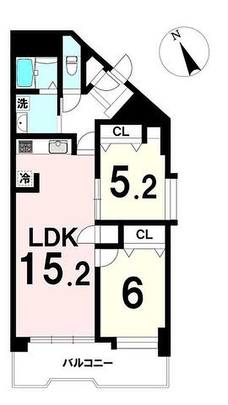 使い勝手の良い2LDK。リビングは15.2帖で家族が集まりやすい広さ。各居室収納も豊富で生活動線が整った間取り。