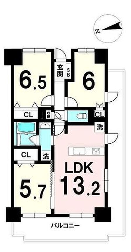 LDKは南向きで日当たり良好。3つの洋室は個室・書斎・子ども部屋など多用途に使えます。収納も各室に確保され、生活動線が整った使いやすい間取りです。