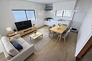 玄関から扉を開けるとひろがる18帖のリビングダイニング。※家具は配置想像図です。