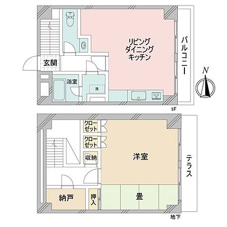 メゾネットタイプの1LDK。地下階も窓があり、採光・通風良好です。