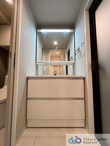 鏡裏にも収納可能な三面鏡洗面化粧台。下収納に引き出しがあり、タオルや衣類も収納出来ます。