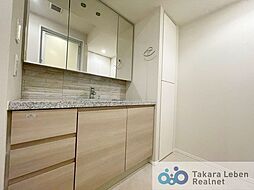 鏡裏にも収納可能な三面鏡洗面化粧台。下収納に引き出しがあり、小物もサイズに応じて収納出来ます。