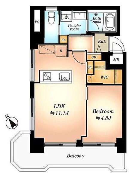 3階部分の南西角部屋で日当り・通風良好。内装リノベーション済のゆとりのある1LDK。