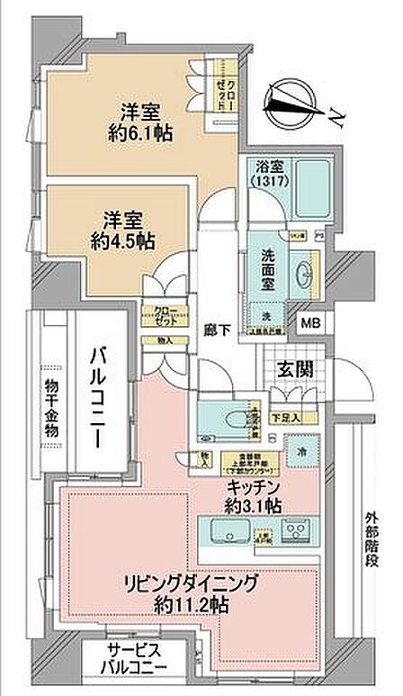 8階部分の南東角部屋で日当り・通風良好。ゆったり過ごせる明るい2LDK。暮らしを彩る設備が充実。