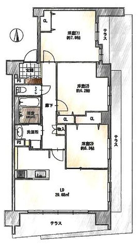 階下への音を気にせず過ごせる1階住戸。テラス・専用庭が付いた南東角部屋で日当り・通風良好な3LDK。