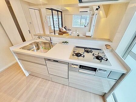 リビングを見渡せる対面式システムキッチン。家事の手間が省ける食器洗浄機付きです。
