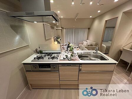 リビングを見渡せる対面式システムキッチン。家事の手間が省ける食器洗浄機付きです。