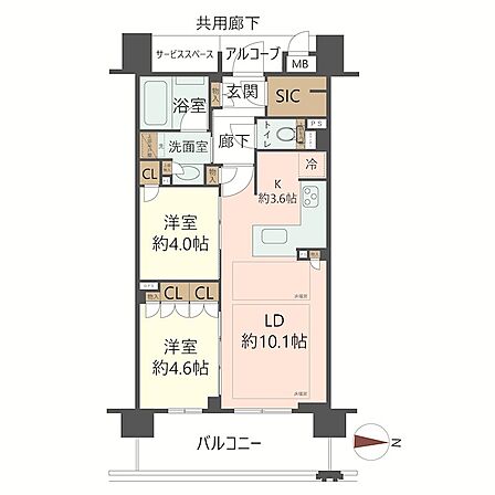 東向き2LDKの間取り。