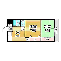 高安矢野ハイツB棟 2DKの間取図画像