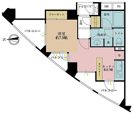 専有面積28.41m2、バルコニー面積11.16m2