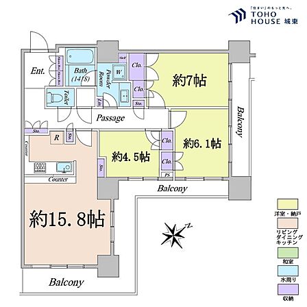 3LDK、専有面積80.57平米、バルコニー面積22.72平米