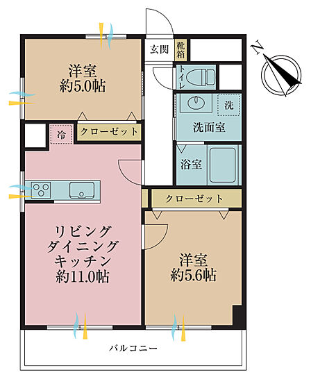 2LDK、専有面積54.81?、バルコニー面積8.19?