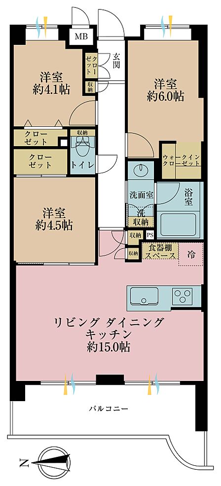3LDK、専有面積64.27m2、バルコニー面積13.48m2