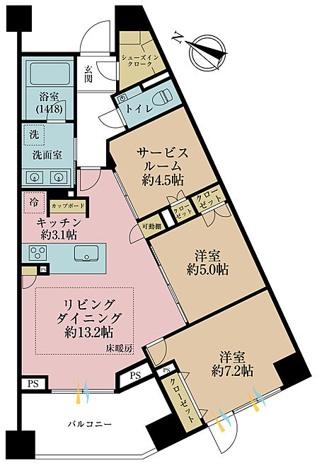 2LDK+S(納戸)、専有面積73.76m2、バルコニー面積9.39m2