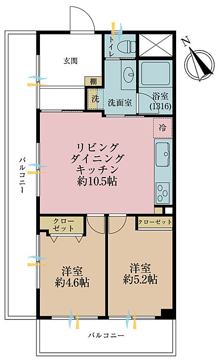 2LDK、専有面積46.97m2
