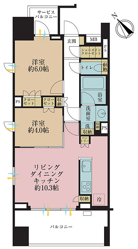 2LDK、専有面積54.16?、バルコニー面積10.45?