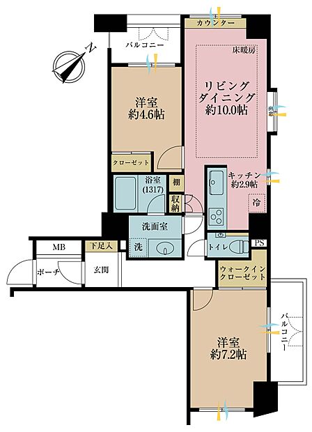 2LDK、専有面積60.08m2、バルコニー面積7.76m2