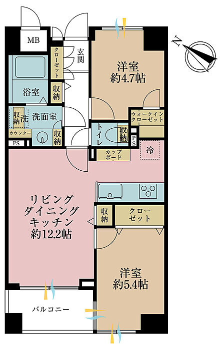 2LDK、専有面積53.08m2、バルコニー面積4.8m2