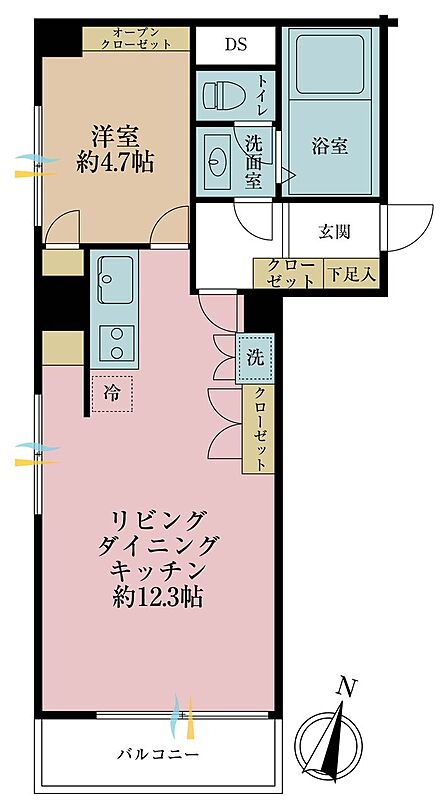 1LDK、専有面積38.34m2、バルコニー面積4.55m2