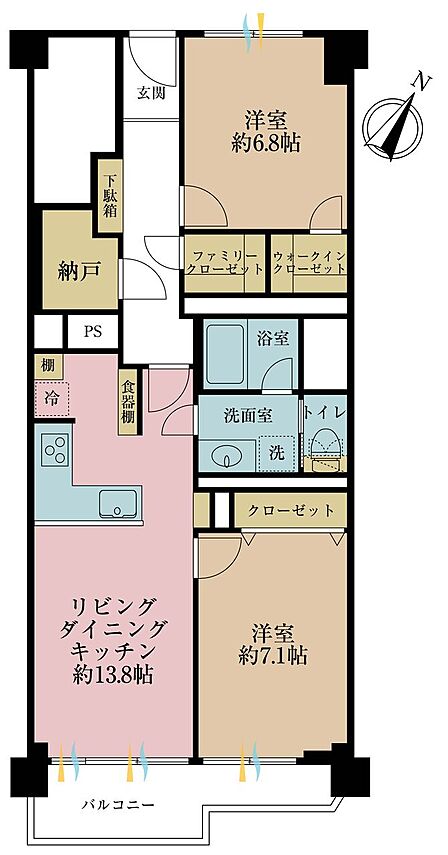 2LDK、専有面積71.11m2、バルコニー面積7.17m2