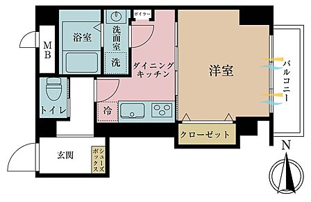1DK、専有面積33.34m2、バルコニー面積3.61m2
