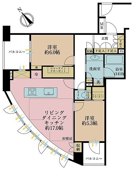 2LDK、専有面積69.39m2、バルコニー面積9.24m2