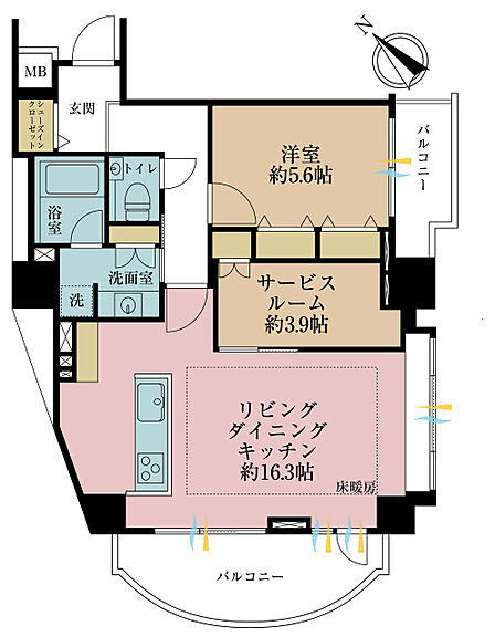 1LDK+S(納戸)、専有面積61.84m2、バルコニー面積11.54m2