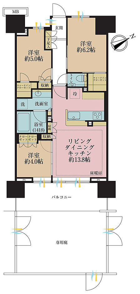3LDK、専有面積65.5m2、バルコニー面積12.2m2