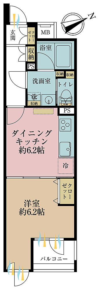 1DK、専有面積34.32m2、バルコニー面積3m2