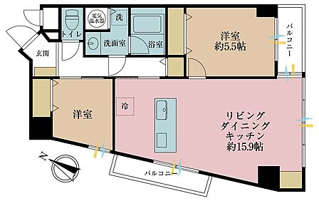 2LDK、専有面積63.34m2、バルコニー面積5.71m2