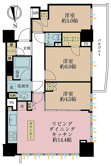 3LDK、専有面積67.9m2、バルコニー面積8.36m2