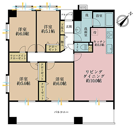 4LDK、専有面積80.75m2、バルコニー面積19.2m2