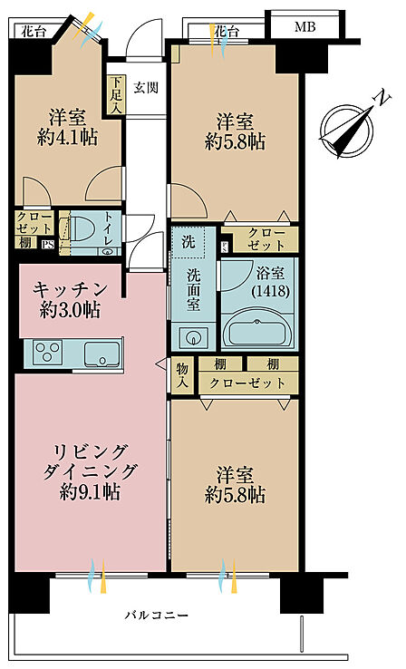 3LDK、専有面積61.92m2、バルコニー面積9.28m2