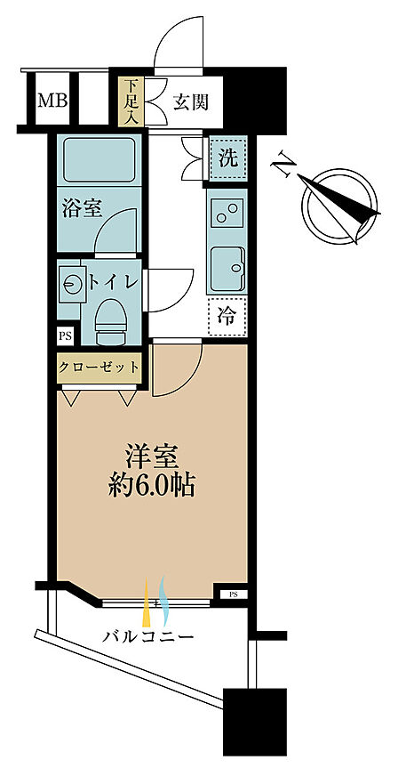 1K、専有面積21.47m2、バルコニー面積3.4m2