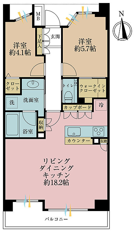2LDK、専有面積66.33m2、バルコニー面積8.47m2