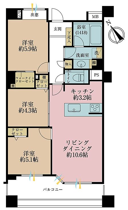 3LDK、専有面積65.82m2、バルコニー面積11.06m2