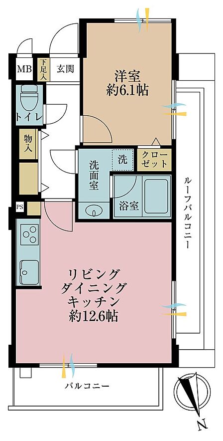 1LDK、専有面積44.5m2、バルコニー面積5.1m2