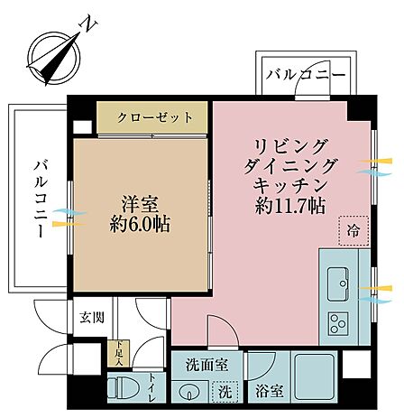 1LDK、専有面積41.18m2、バルコニー面積7.14m2