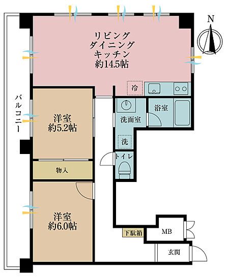 2LDK、専有面積65.12m2、バルコニー面積16.65m2