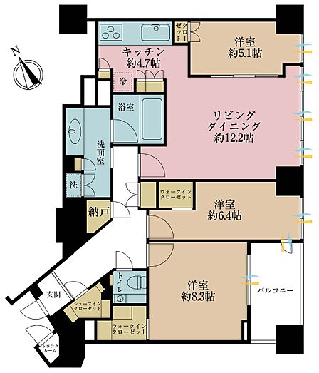 3LDK、専有面積94.24m2、バルコニー面積4.54m2