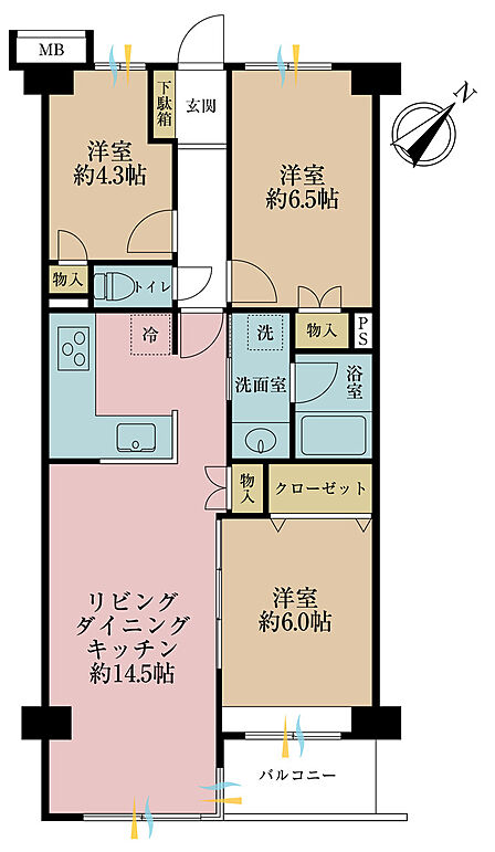 3LDK、専有面積68.6m2、バルコニー面積3.64m2