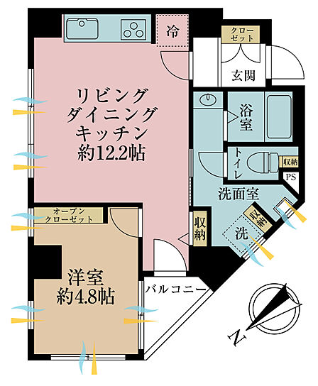 1LDK、専有面積43.11m2、バルコニー面積2m2