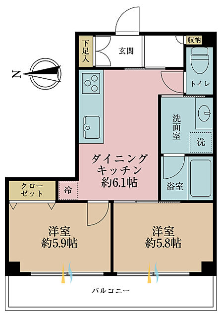 2DK、価専有面積43.26m2