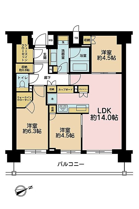 3LDK、専有面積70.31m2、バルコニー面積13.12m2