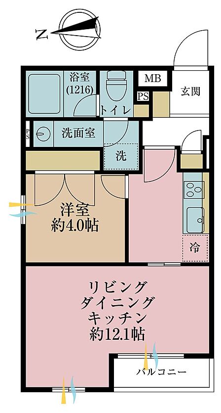 1LDK、専有面積39.45m2、バルコニー面積2.4m2
