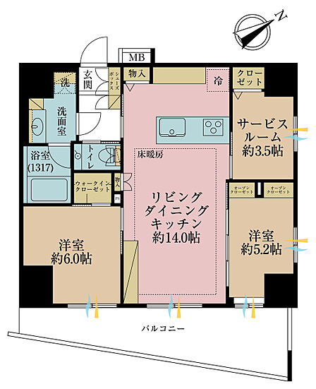 2LDK+S(納戸)、専有面積62.9m2、バルコニー面積12.57m2
