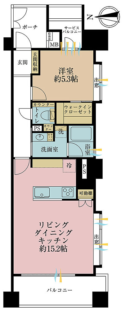 1LDK、専有面積52.51m2、バルコニー面積9m2