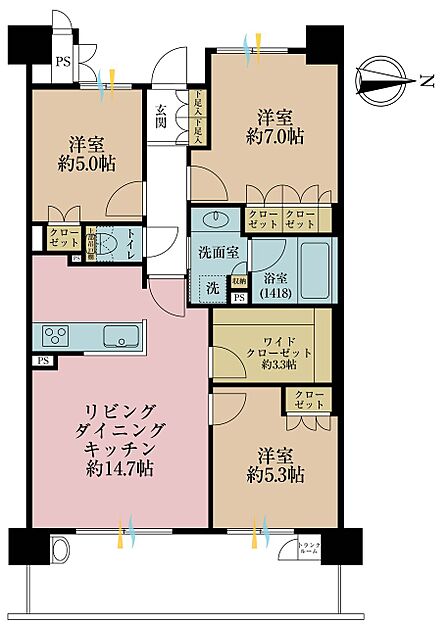 3LDK、専有面積74.35m2、バルコニー面積13.46m2