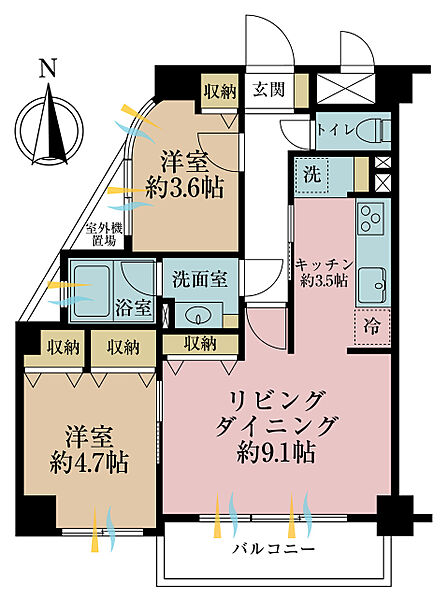 2LDK、専有面積53.54m2、バルコニー面積5.05m2